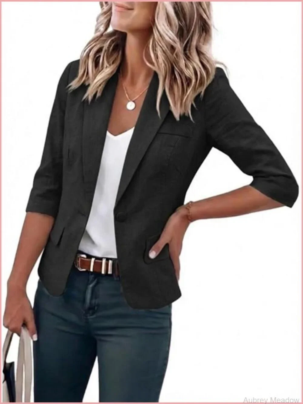 Cropped Blazer 3/4 Sleeve Cotton Blend Lightweight Casual Work Jacket